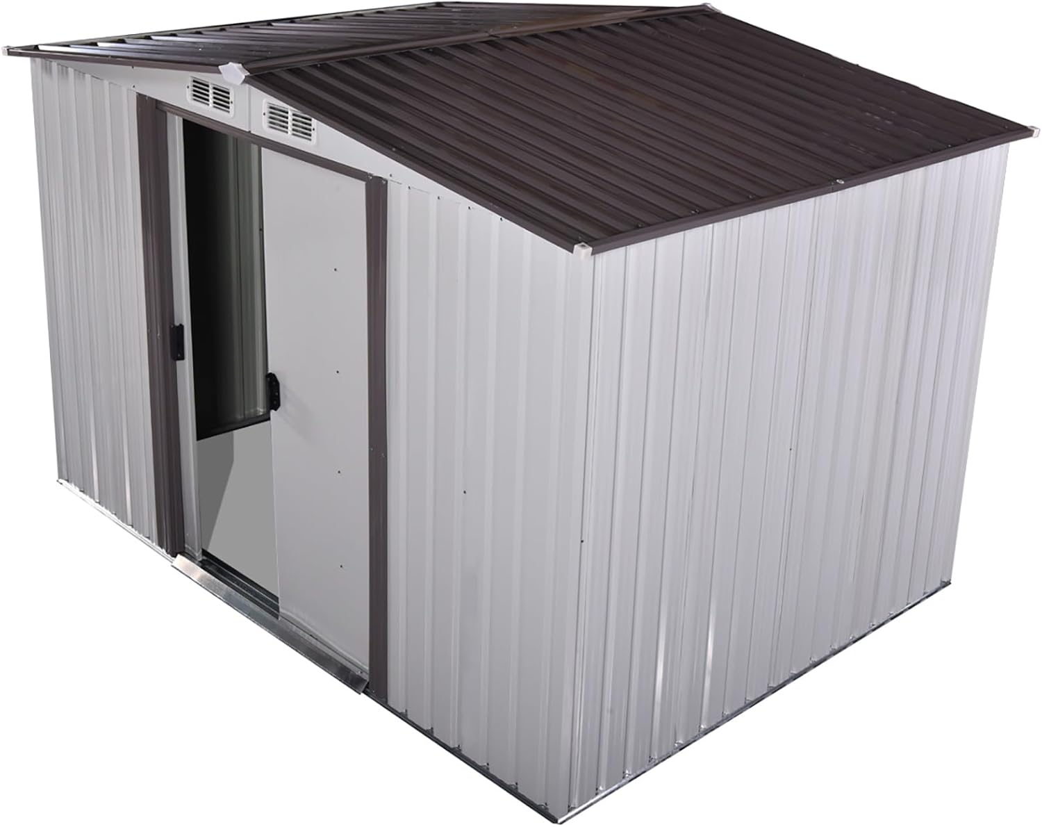Generic 8' x 8' Outdoor Gable Steel Storage Shed, Lawn Mower Equipment House with Lockable Sliding Door, Large Tool Organizer for Backyard Garden, White + Gray