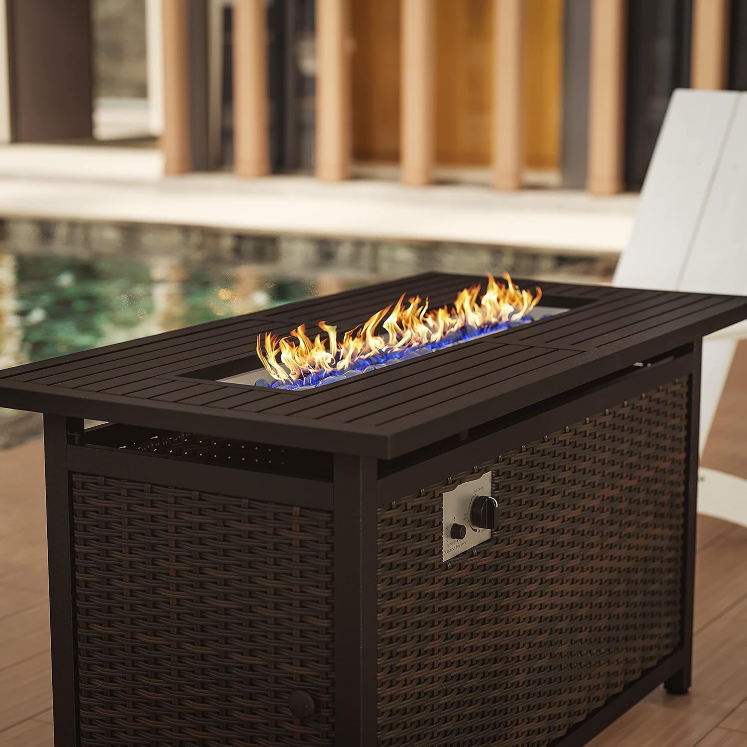 Flash Furniture Olympia 50,000 BTU Outdoor Propane Fire Pit Table - Black Stainless Steel Tabletop and Espresso Wicker Base - 45