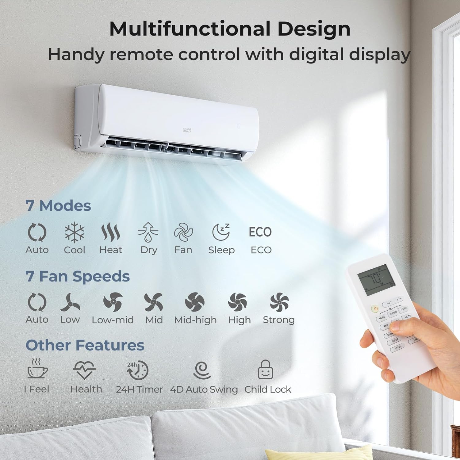 COSTWAY 17000 BTU Mini Split Air Conditioner, 208/230V 17 SEER2 Wifi Enabled Inverter Air Conditioner & Heater Pump System Cools Up to 1250 Sq. Ft, Compatible with Alexa, w/Installation Kit