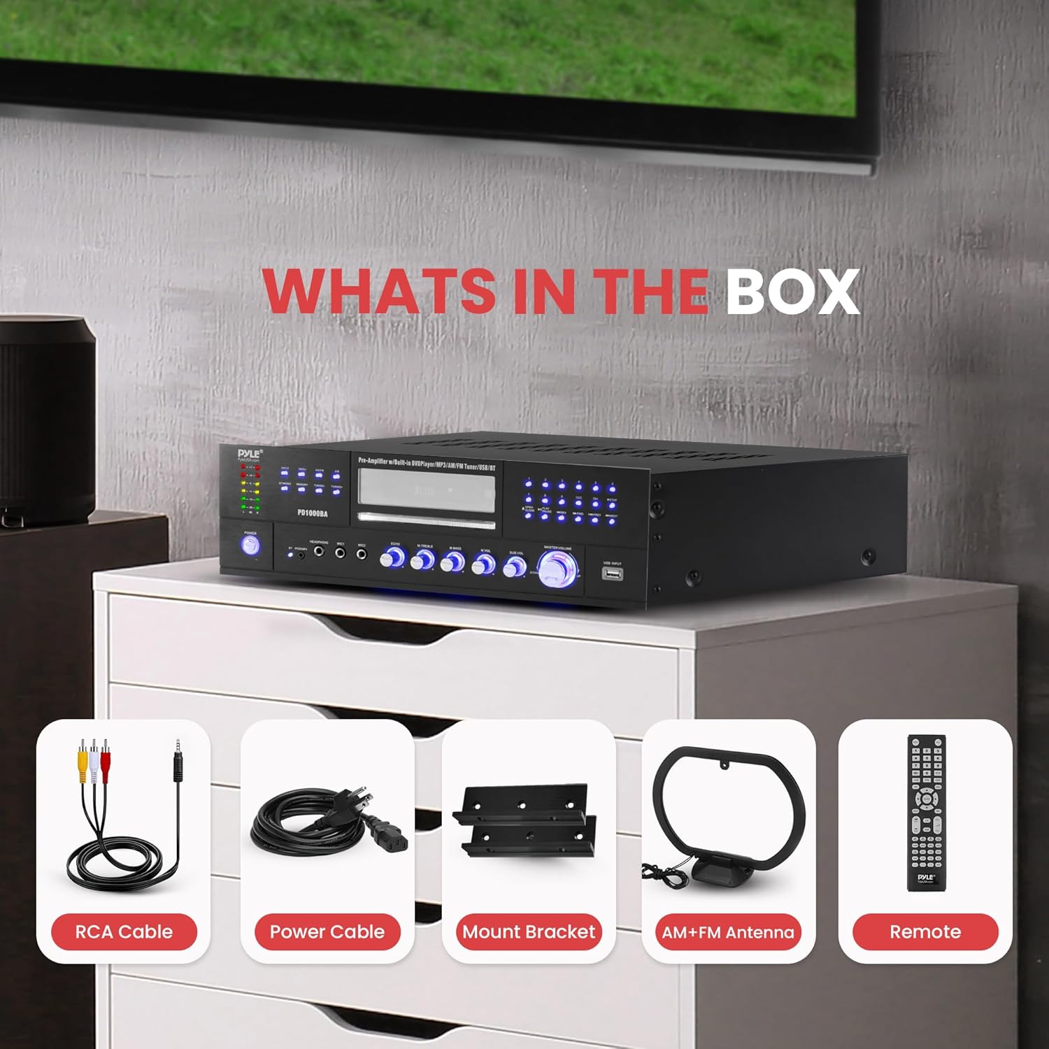 Pyle 4-Channel 1000W Power Amplifier with Bluetooth - Wireless Stereo Home Audio Receiver w/ Front Loading CD DVD Player, FM Radio, USB-A, Headphone, 2 Microphone w/ Echo, LED, Rack Mount - PD1000BA