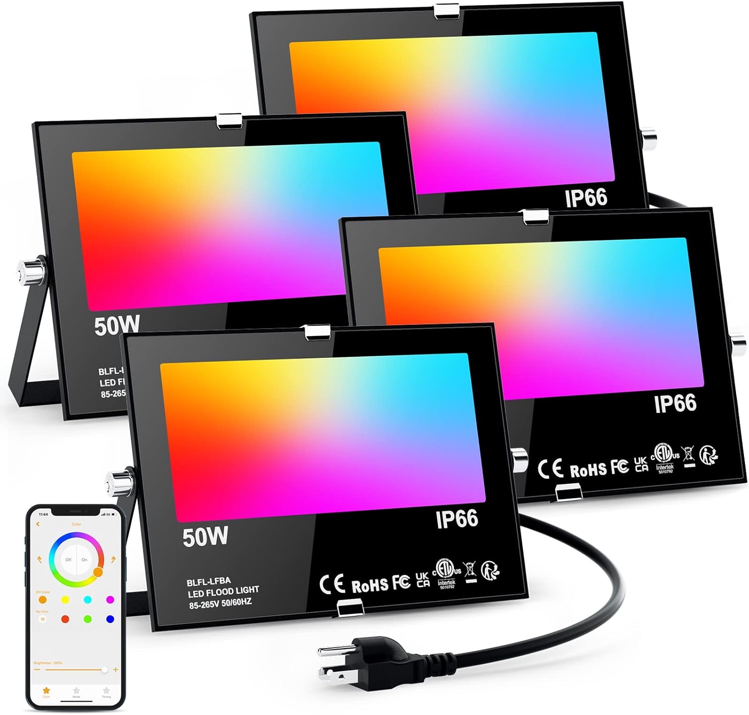 Flood Lights Outdoor RGB, 500W Equivalent Smart Color Change & Daylight 5700K Landscape Light, IP66 Waterproof Patio Lights via App Control, Indoor Ambient Lighting, DIY Scenes/Music Sync/Timing-4Pack