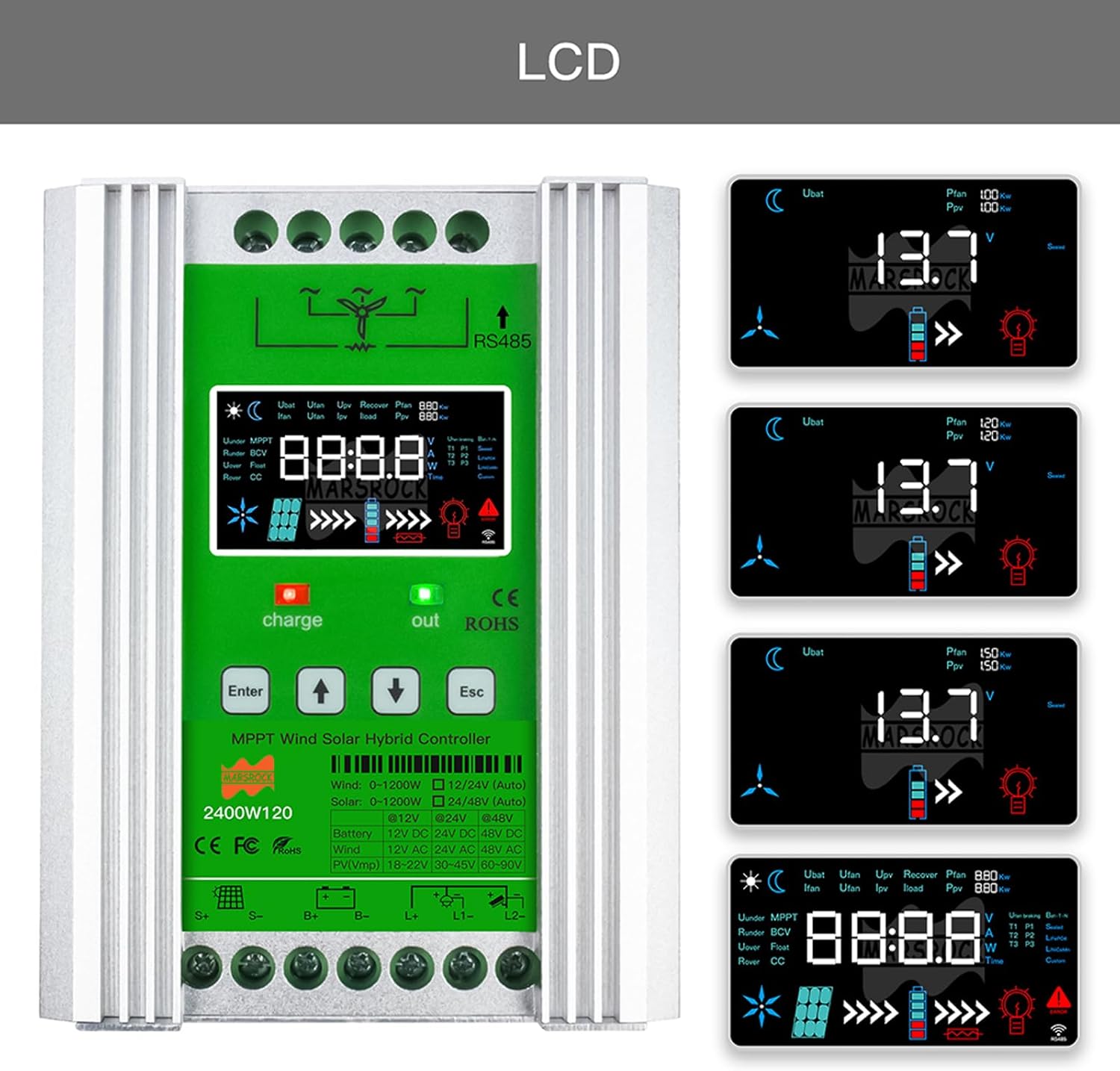 1600W MPPT Hybrid Wind Solar Controller Charge and Discharge Regulator Deluxe Version for Wind Max 800W Solar 800W for 12/24/48V Sealed and Lithium Battery Colorful LCD Display (12/24/48V)