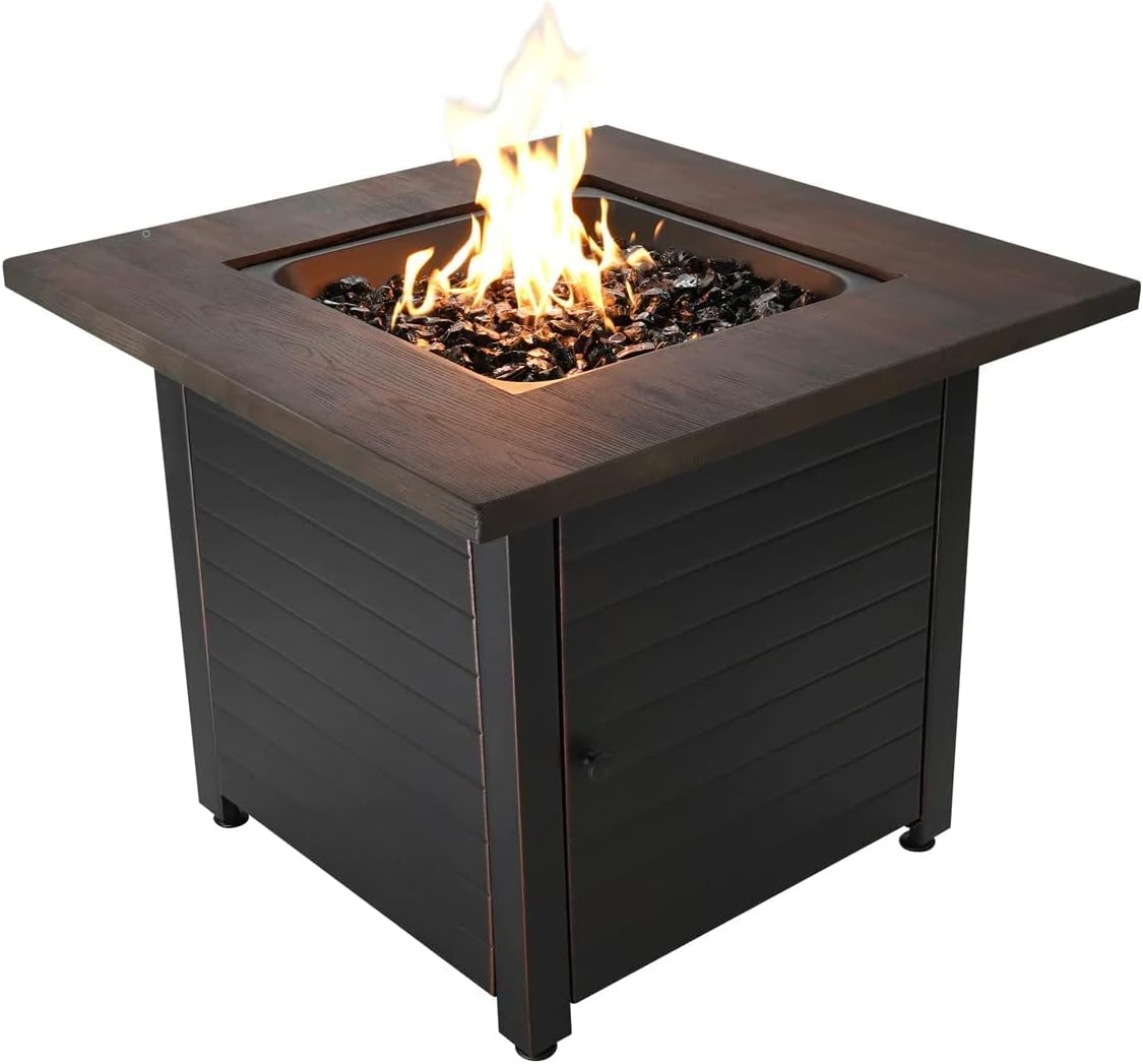 Endless Summer Bronze Finished Black Steel Base with Dark Wood Mantel Spencer LP Gas Outdoor Fire Pit, Comes with Black Fire Glass, Table Insert, and Protective Cover
