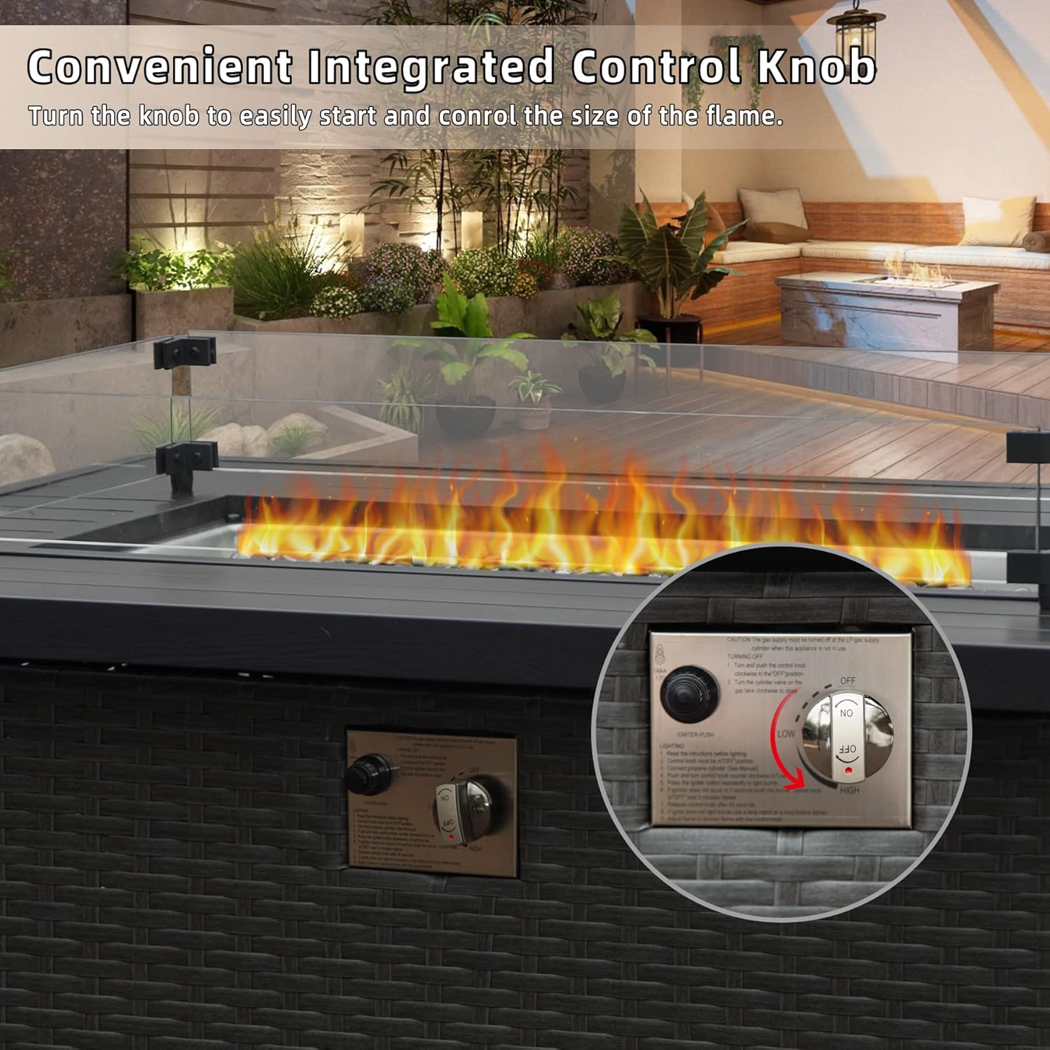 Domi 43’’ Wicker Patio Propane Gas Fire Pit Table 50,000 BTU CSA Certified Fire Table with Aluminium Wooden-Like Tabletop, Glass Wind Guard, Waterproof Cover Patio Backyard Garden Outdoor Indoor