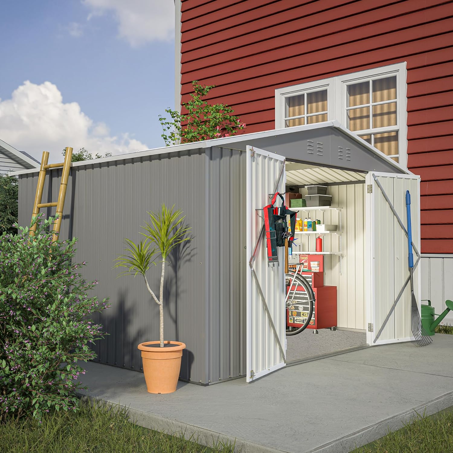 10x8 FT Outdoor Storage Shed, Galvanized Steel Metal Garden Sheds Kit with Double Lockable Door, Oversized Tool Sheds for Backyard Patio Dark,Outside Sheds & Outdoor Storage Box, Gray