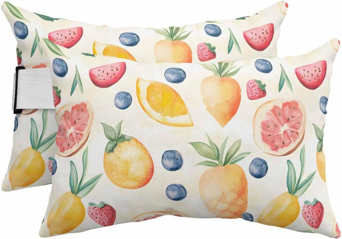 Outdoor Pillow for Chaise Lounge Chair Orange Strawberry Blueberry Waterproof Lumbar Pillow with Insert Fruit Headrest Pillow with Adjustable Elastic Stripe for Recliner Beach Garden Patio 12x20 Inch