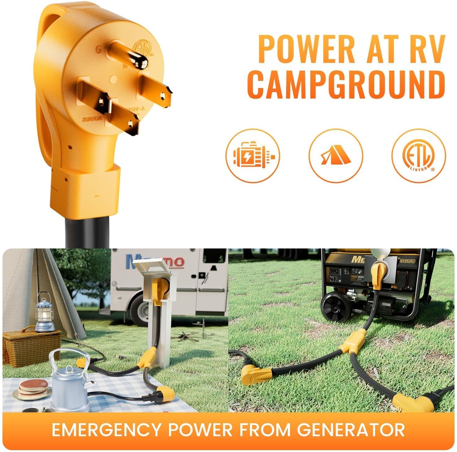 MECMO 50 Amp Y Splitter for RV/EV Charging, ETL Listed, NEMA 14-50P to 2X 14-50R Adapter, 4 Prong 250-Volt Generator Adapter, Auto/RV/EV/Tesla Model 3/S/X/Y, 6/3 8/1 STW AWG, 3 Feet