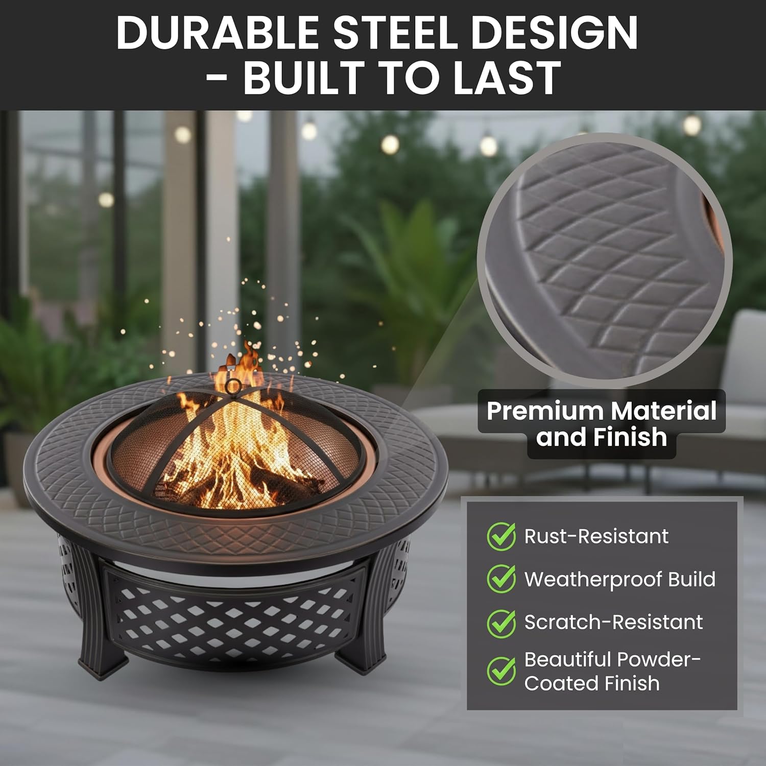 Fire Pit - 32-Inch Outdoor Fireplace with Spark Screen, Poker, and Cover - Wood-Burning Fire Pit for Yard, Patio, or Camping by Pure Garden (Bronze)