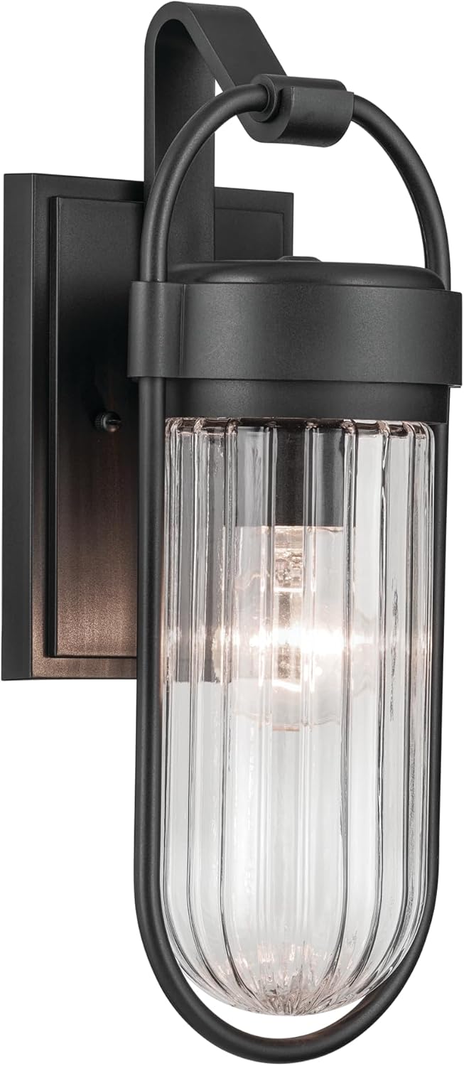 KICHLER Brix 1-Light Textured Black Luxe Industrial Outdoor Wall Light with Ribbed Clear Glass for Outdoor Walls, Exterior Doors, Garage, Porch or Patio Walls