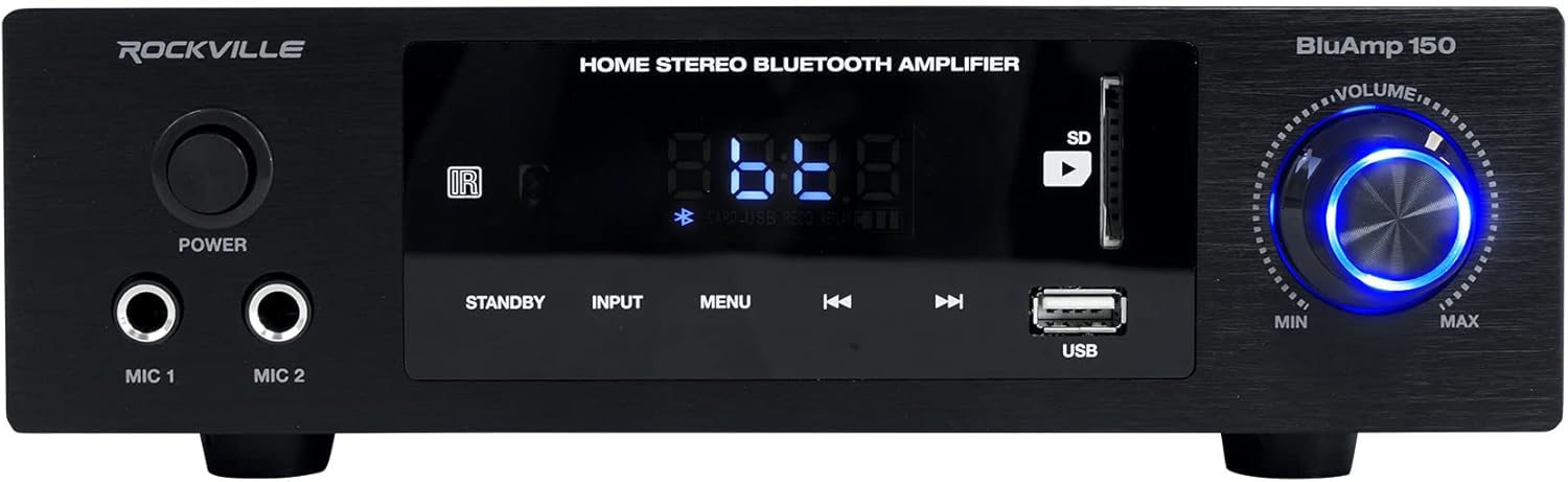 Rockville BLUAMP 150 75W x 2 Home Stereo Bluetooth Amplifier Receiver, 4-8 Ohm, Optical/Phono/RCA, Karaoke Mic Inputs, Bluetooth 5.0, for Home Theater and Vinyl