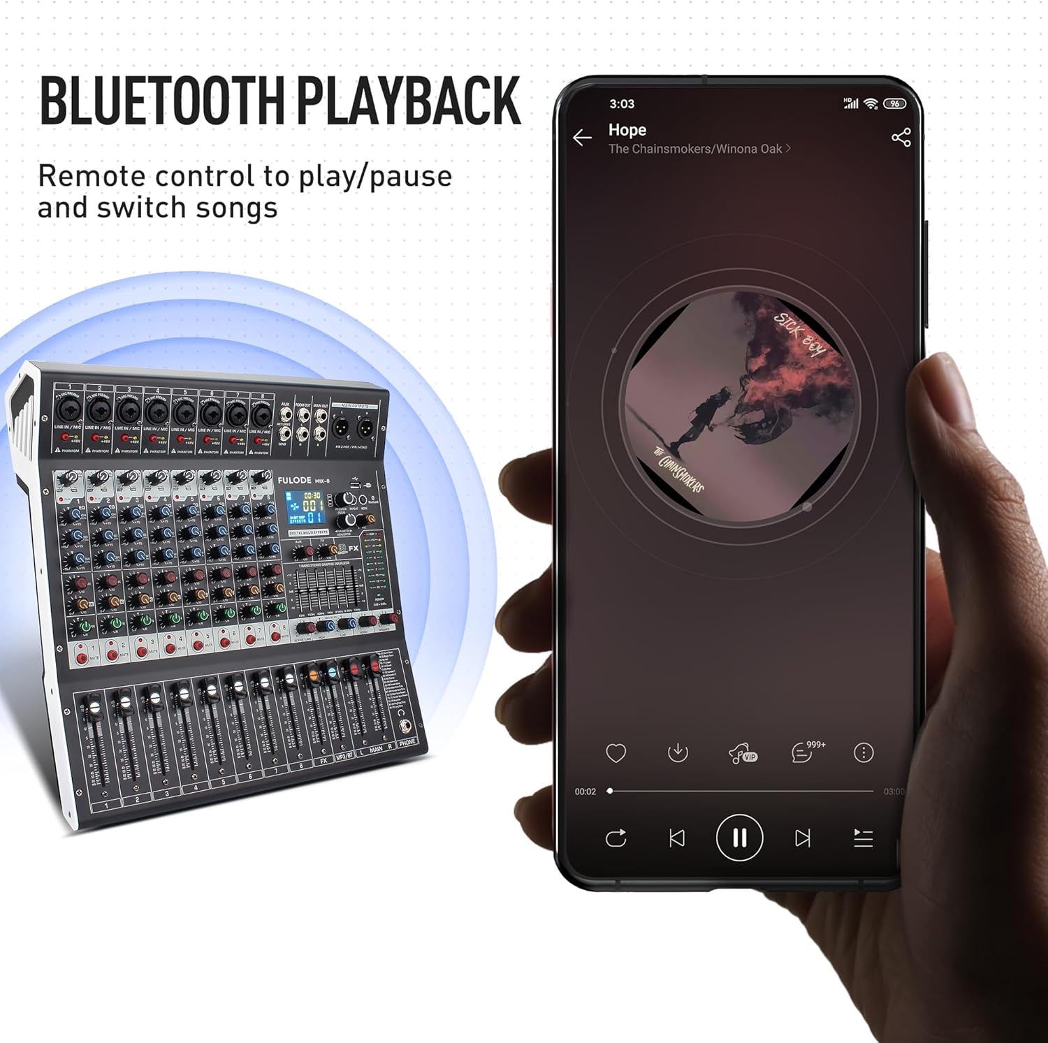 8-Channel Professional Audio Mixer Sound Board Console 99 Bit DSP Digital Processor w/USB Bluetooth MP3 for PC Recording Input, XLR Microphone Jack, 48V Power, DJ Mixer