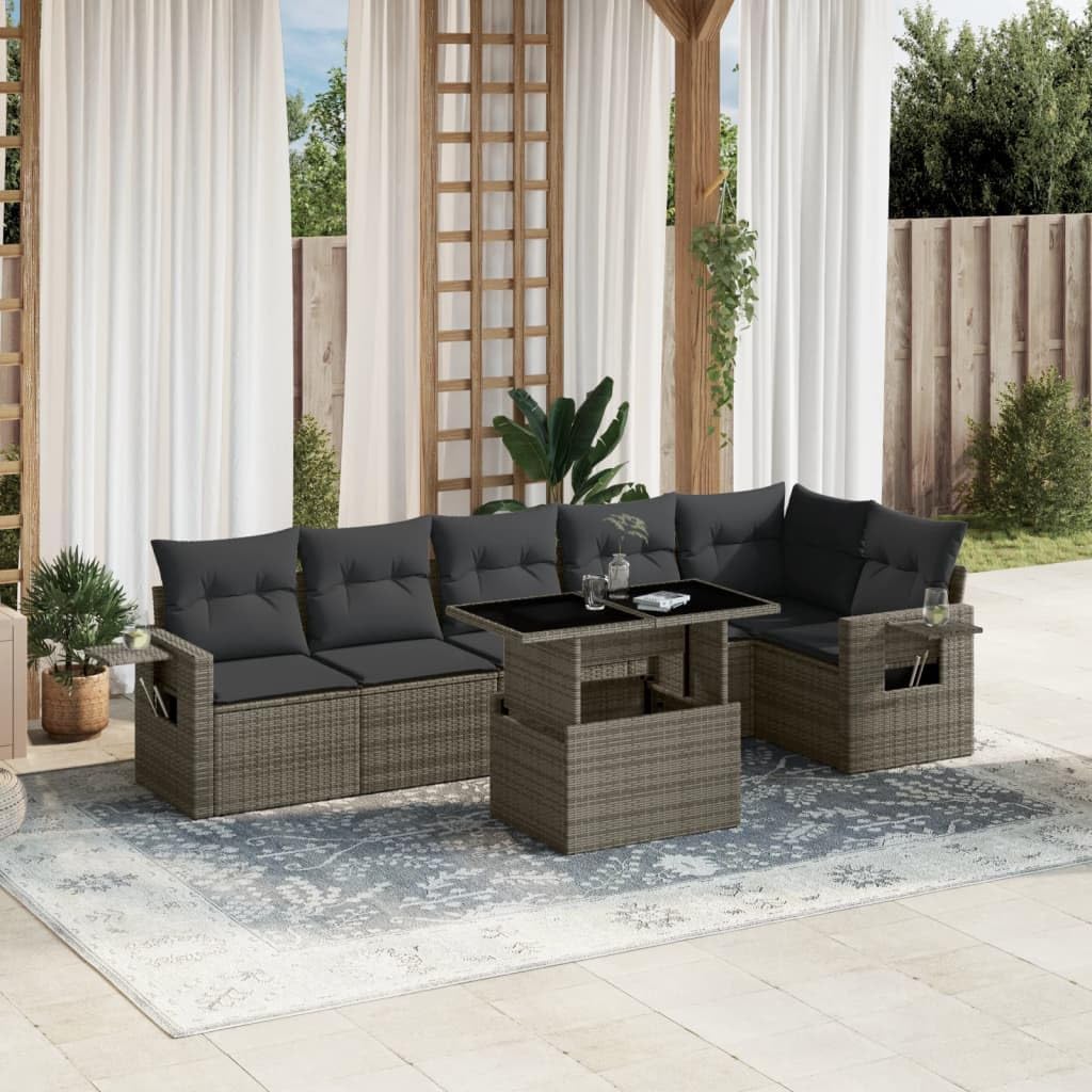 7-Piece Garden Sofa Set, Gray PE Rattan, Powder-Coated Steel Frame, Tempered Glass Table, Outdoor Patio Furniture for Balcony, Terrace, 6 Seater