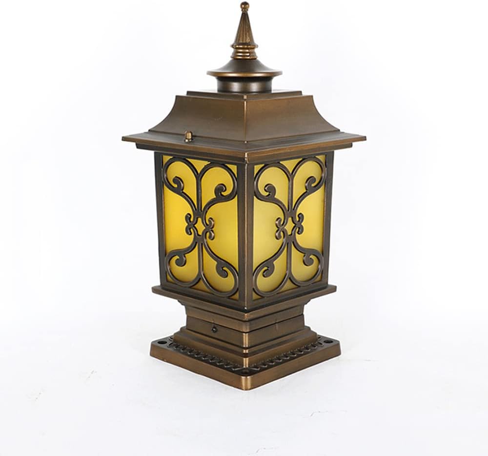 Chinese Courtyard Outdoor Lighting Post Lantern Waterproof and Rustproof Pillar Light Frosted Yellow Glass Lampshade Pole Light Easy to Install Pole Light