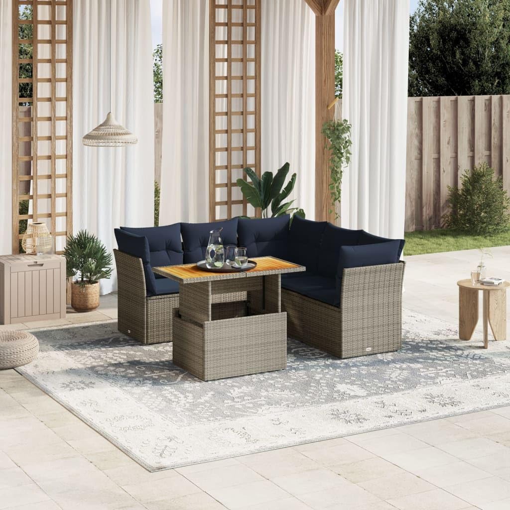 5 Piece Patio Sofa Set, Gray Poly Rattan Outdoor Sectional Furniture with Navy Cushions, Adjustable Table, UV-Proof Balcony Dining Set