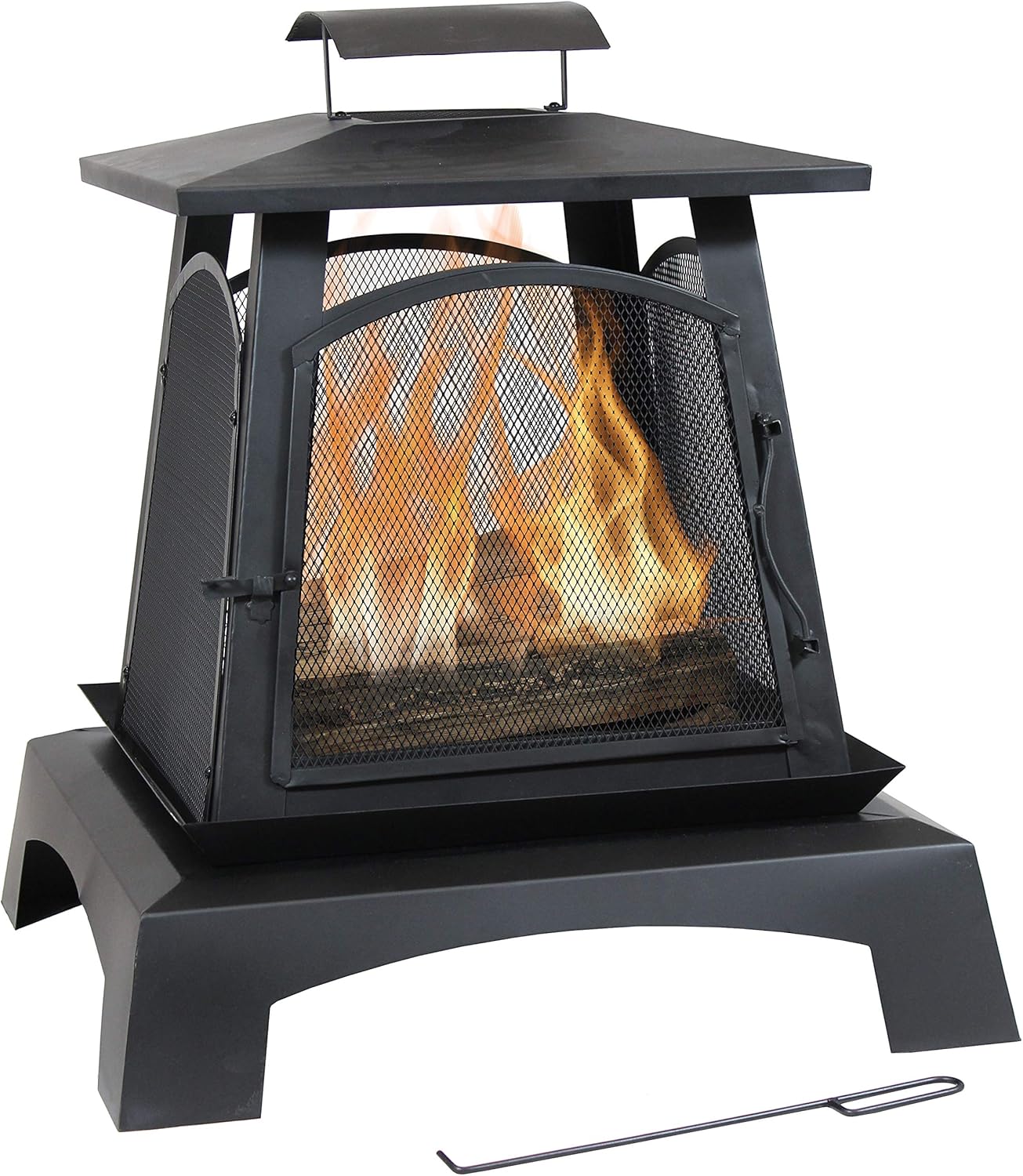 Sunnydaze 32-Inch Pagoda-Style Steel Wood-Burning Fire Pit with Log Grate and Poker - Black High-Temperature Paint Finish