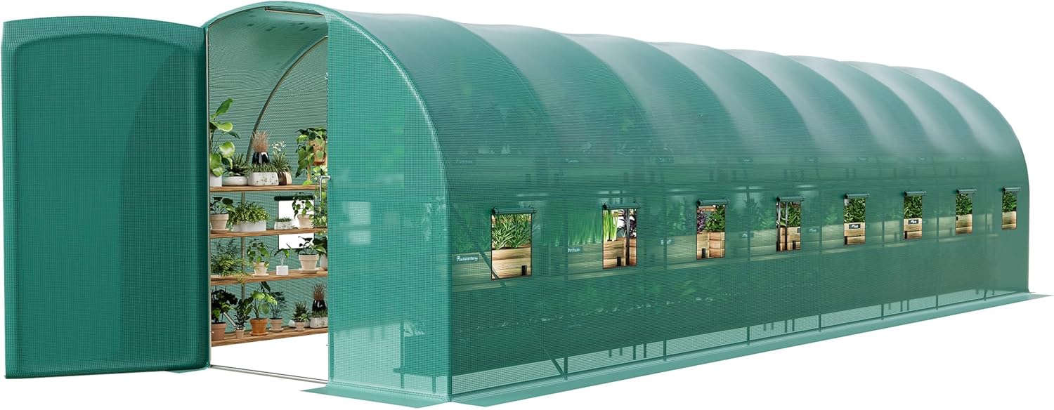 Large 27x10x7 ft Outdoor Walk-in Greenhouse with 16 Mesh Windows & Swing Door, 325x120 in Heavy-Duty Galvanized Steel Frame and Thick PE Cover for Full Protection, Green Garden Plant House for Backy