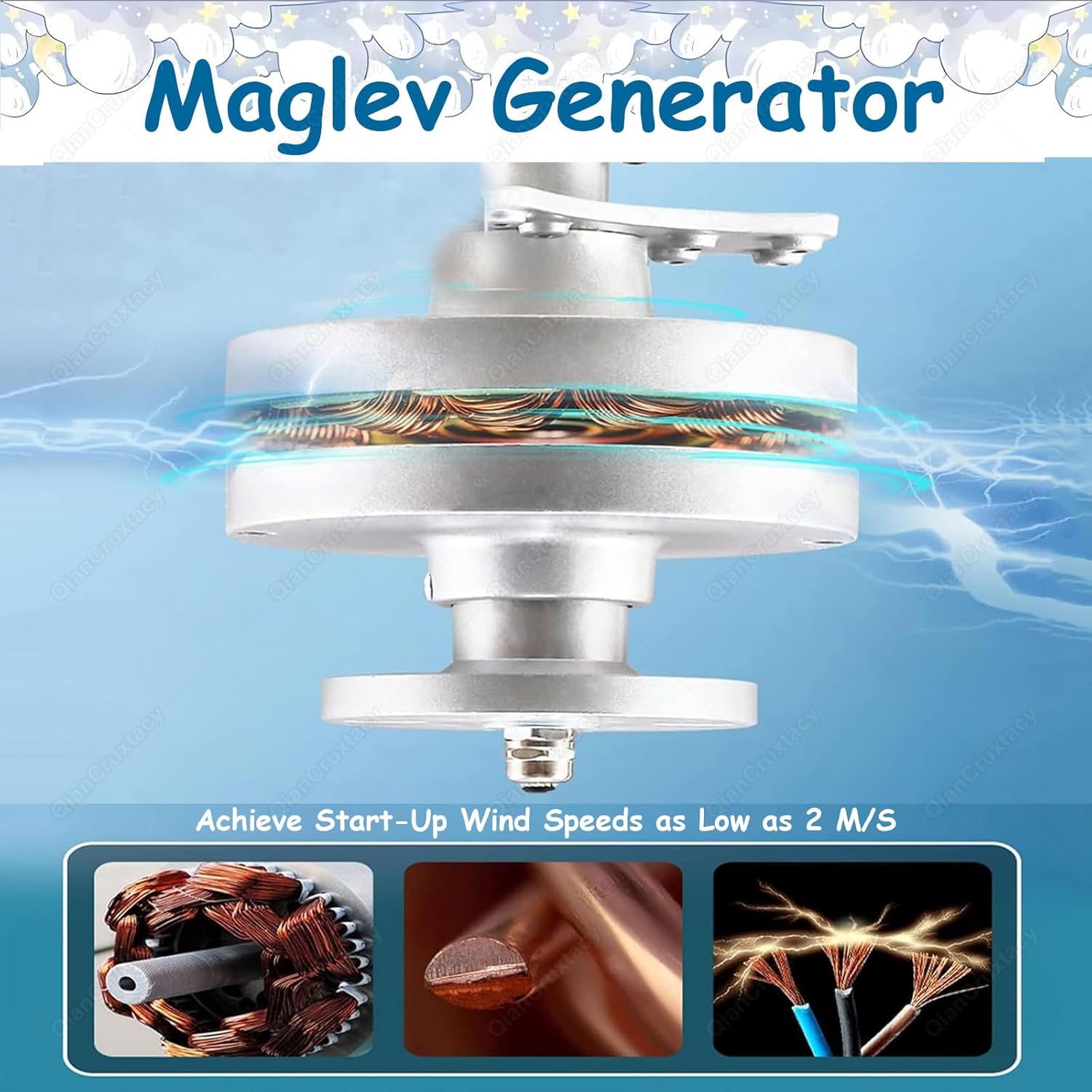 Vertical Magnetic Levitation Wind Turbine,3-Blade Turbine with Auxiliary Wind Wheel & Controller,360° Automatic Wind Direction Adaptation,for Home,Cabin,Gazebo Energy Multi-300W