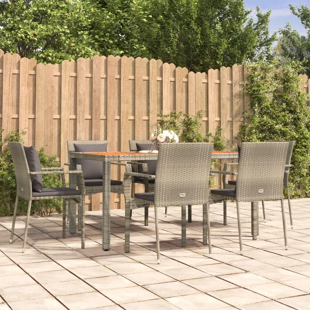 Furniture Sets 7 Piece Patio Dining Set with Cushions Gray Poly Rattan,Elegant and Comfortable Patio Dining Set with Acacia Wood Tabletop Garden Conversation Sets