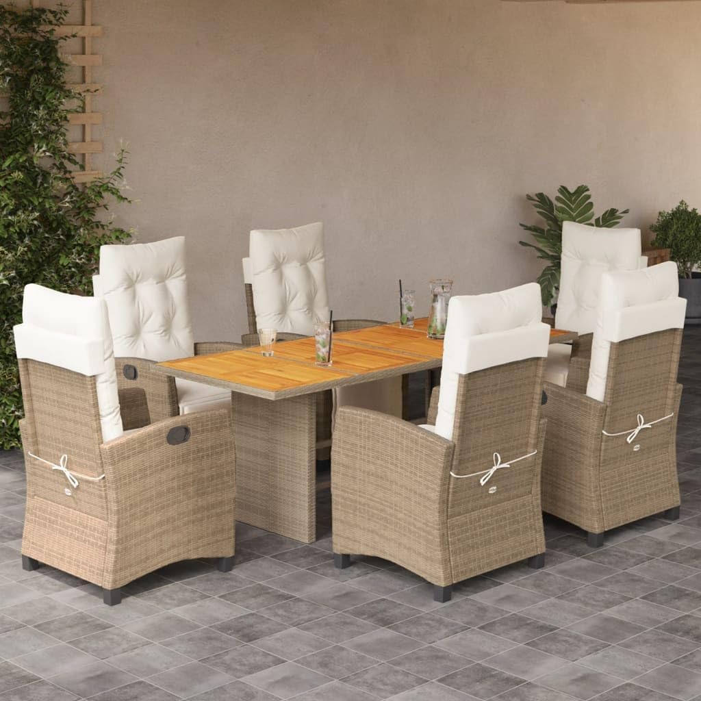 7 Piece Patio Dining Set with Cushions Beige Poly Rattan,AllWeather Garden Dining Set with Adjustable Backrest and Comfortable Cushions Furniture Sets for Patio, Lawn & Garden