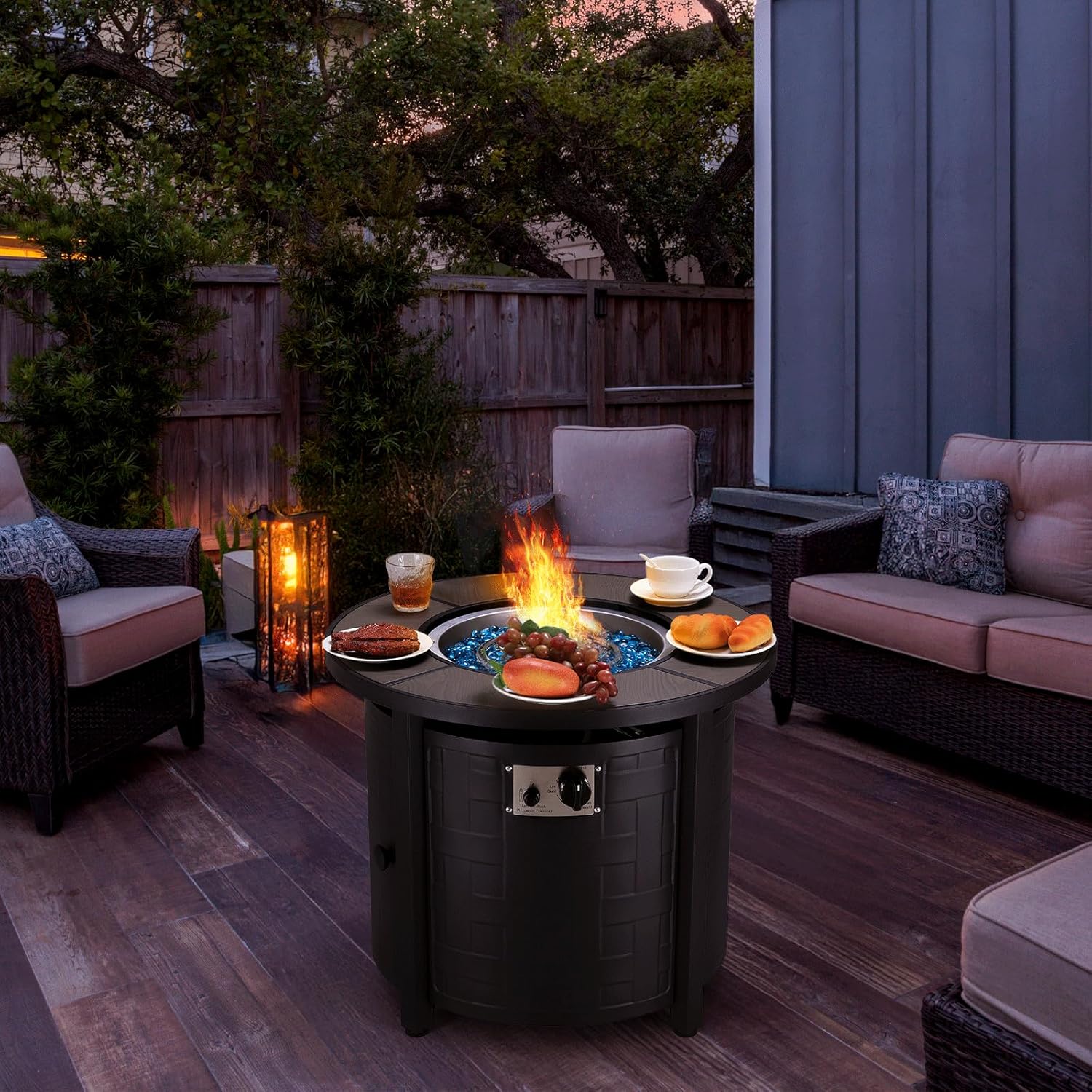 TLGREEN Propane Fire Pit Table 30in, 50,000 BTU Auto-Ignition Round Gas Fire Pit, Patio Furniture Outdoor and Indoor, Fire Table with Waterproof Cover, Blue Stone and Lid