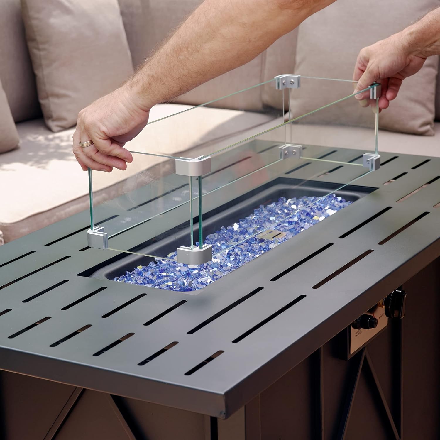 43in Propane Fire Pit Table 50,000 BTU Auto-Ignition Rectangular Gas Fire Pit Table with Glass Wind Guard, Glass Rock (Blue), Lid, Waterproof Cover