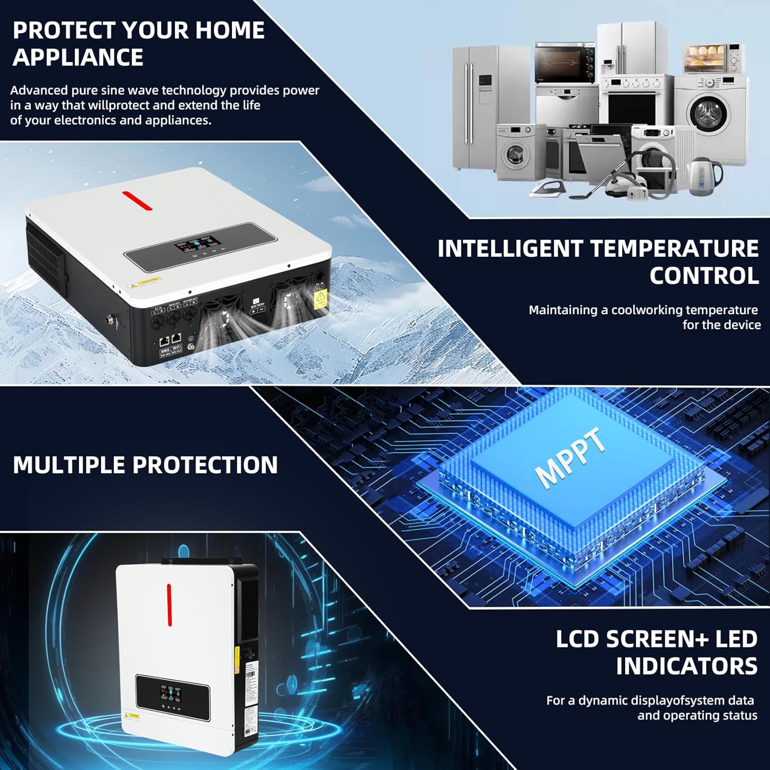 3600W Solar Inverter 24VDC to 110V/120VAC, All-in-One Pure Sine Wave Hybrid Solar Inverter with 120A MPPT Charge Controller, Ideal for Home & Outdoor Use