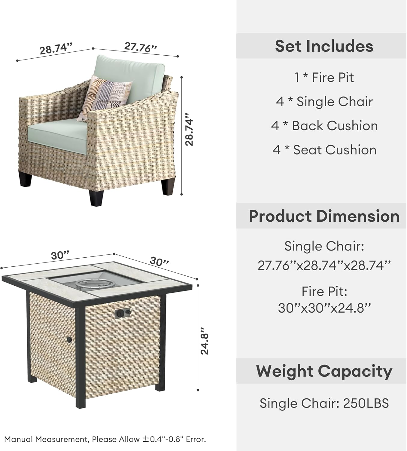 5 Pieces Patio Furniture Sets with 30inch Fire Pit Table All Weather PE Wicker Outdoor Furniture Set with Sectional Sofa for Yard,Garden,Lawn(Green)