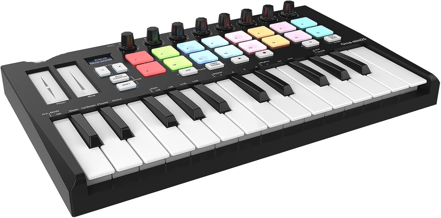 Electric Keyboard 25 MIDI Keyboard Controller 25-Key USB MIDI Controller Keyboard with 16 RGB Backlit Trigger Pads 8 Control Knobs