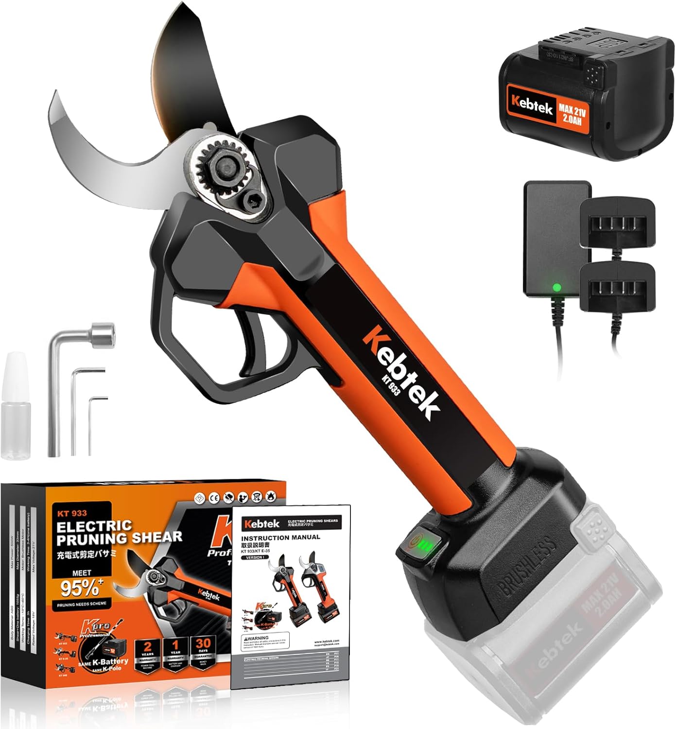 Professional Pruning Shears Battery Powered, 33MM Electric Pruner Branch Cutter Cordless Heavy Duty with 1 Pack 2Ah Rechargeable Batteries Brushless Motor