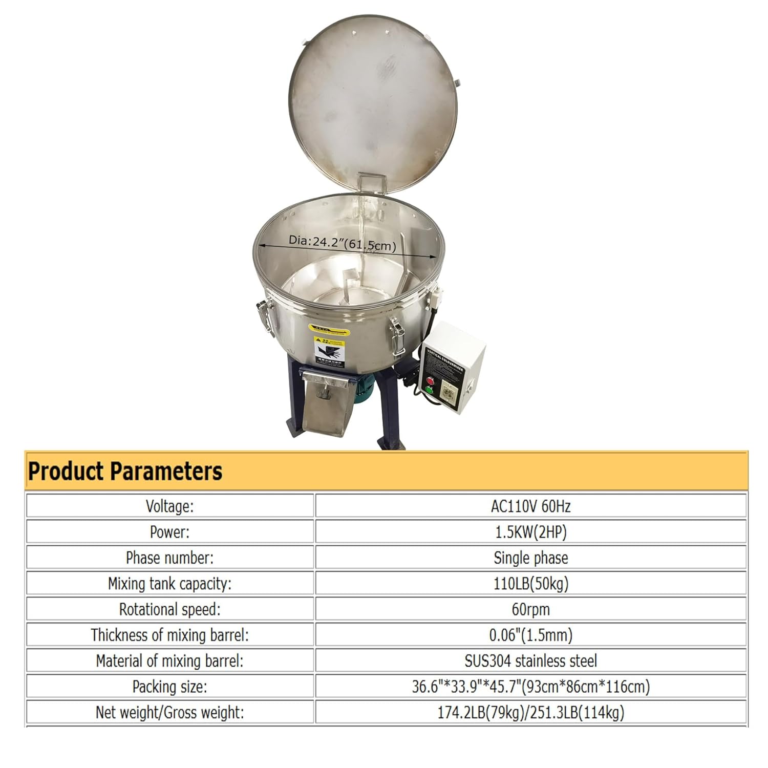 110V 1.5KW Vertical Color Mixing Machine Single Phase Stainless Steel Plastic Granule Blender Mixer with 110lb Mixing Tank 60rpm