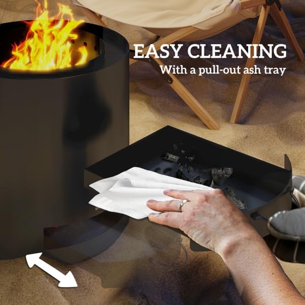 Outdoor Fire Pit, Black Steel Fire Pit with Pull-Out Ash Tray & Poker, Wood Burning Firepit for Patio, Backyard, Garden, Deck, Easy Assembly