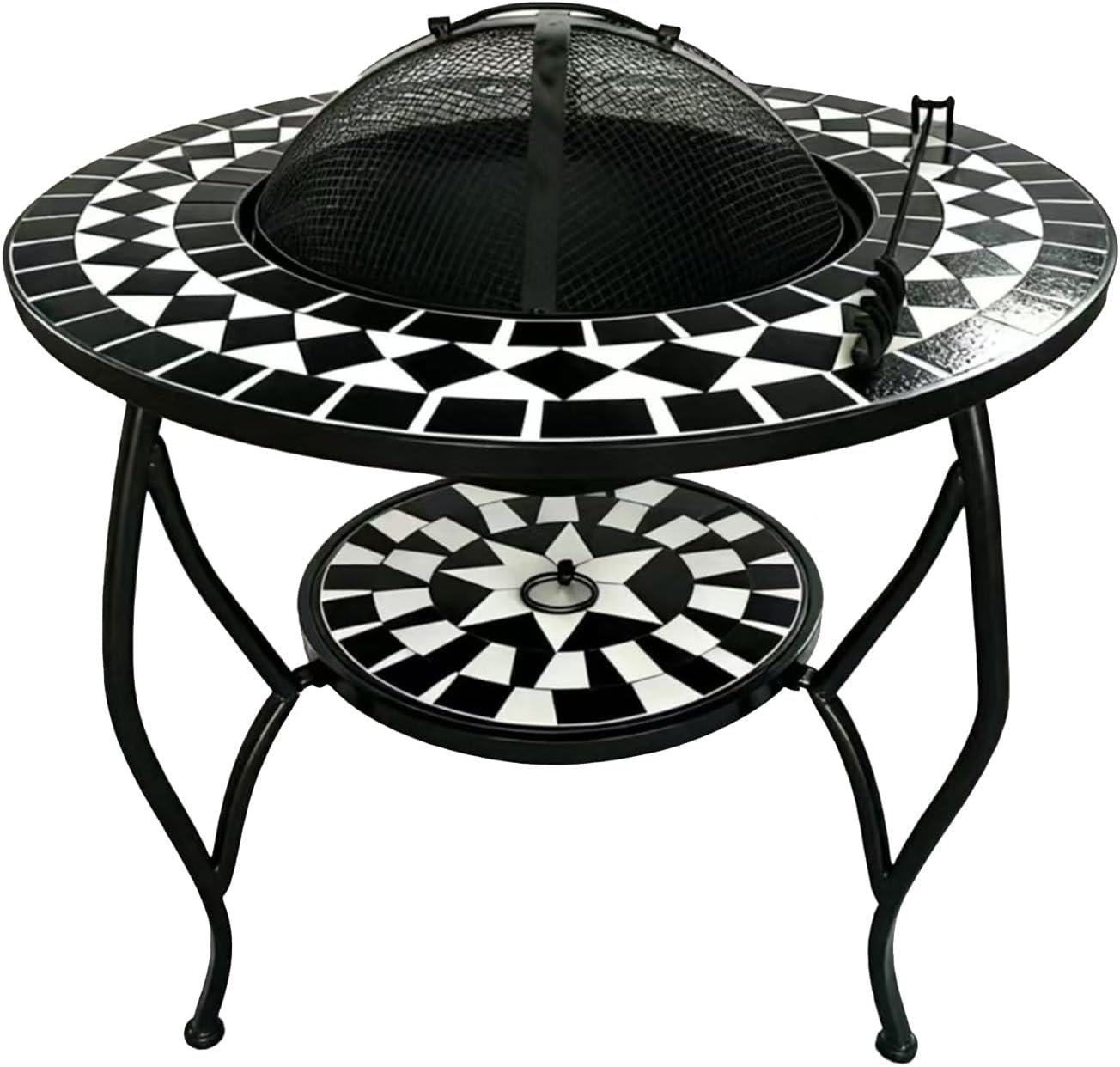 Artisan Home Decor Mosaic Fire Pit Table with Mesh Cover, Yellow and Green Tile Pattern, Metal Frame, 2-Tier Design, Freestanding Customized (Color on The Picture)