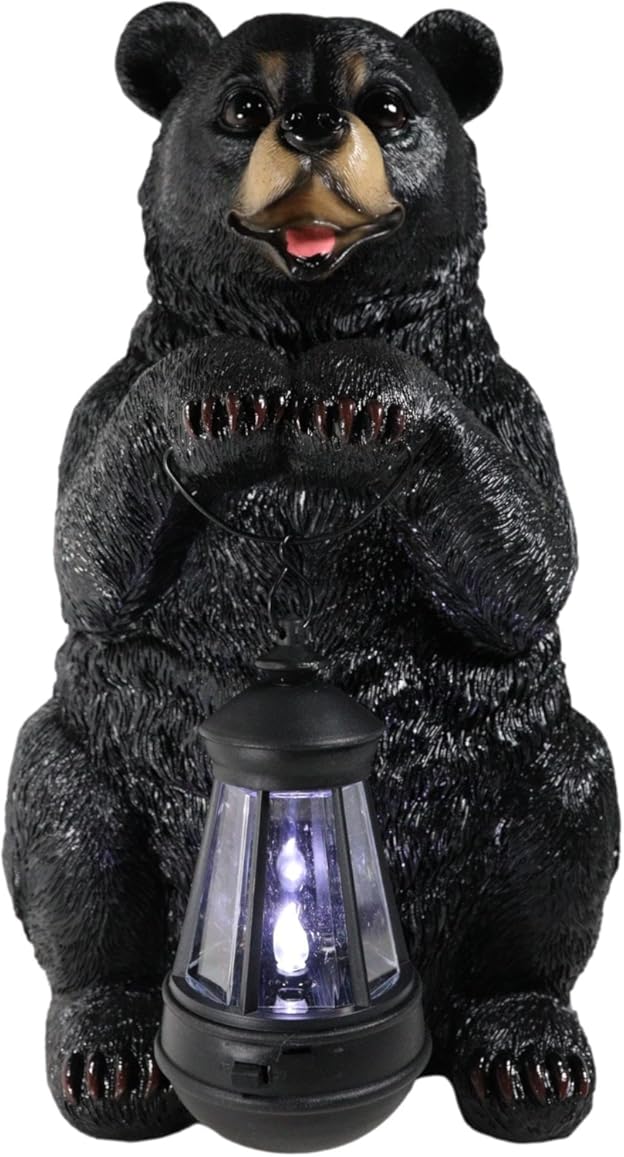 Ebros Gift Rustic Garden Decorative Adorable Forest Black Bear Holding Lantern Greeter Statue Figurine Solar LED Lantern Path Light for Indoor Outdoor Home Bears Wild Animals Sculpture