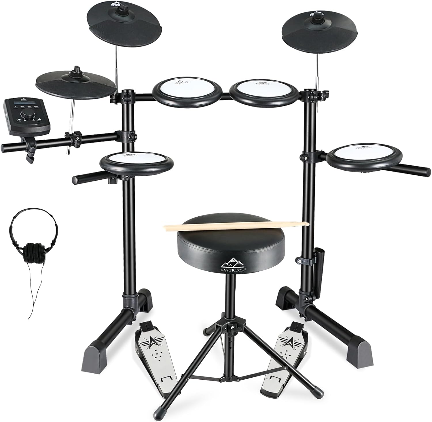 EASTROCK Electric Drum Set with Quiet Mesh Drum Pads, Electronic Drum Set for Beginner 2 Leg with Cymbals, Pedal, Upgraded Module, 350 Sounds, Bluetooth, USB MIDI, Headphone, Drum Stool, Sticks