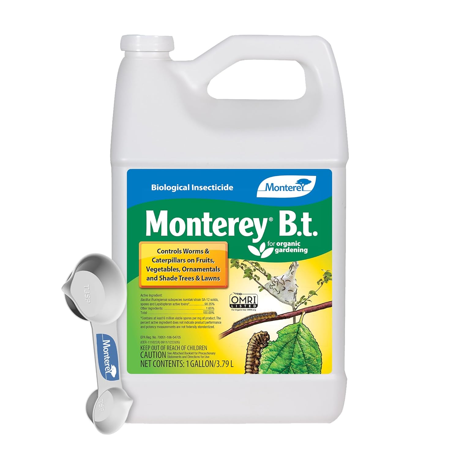 Monterey B.t. Bundled with Measuring Spoon - Biological Insecticide for Organic Gardening - 1 Gallon
