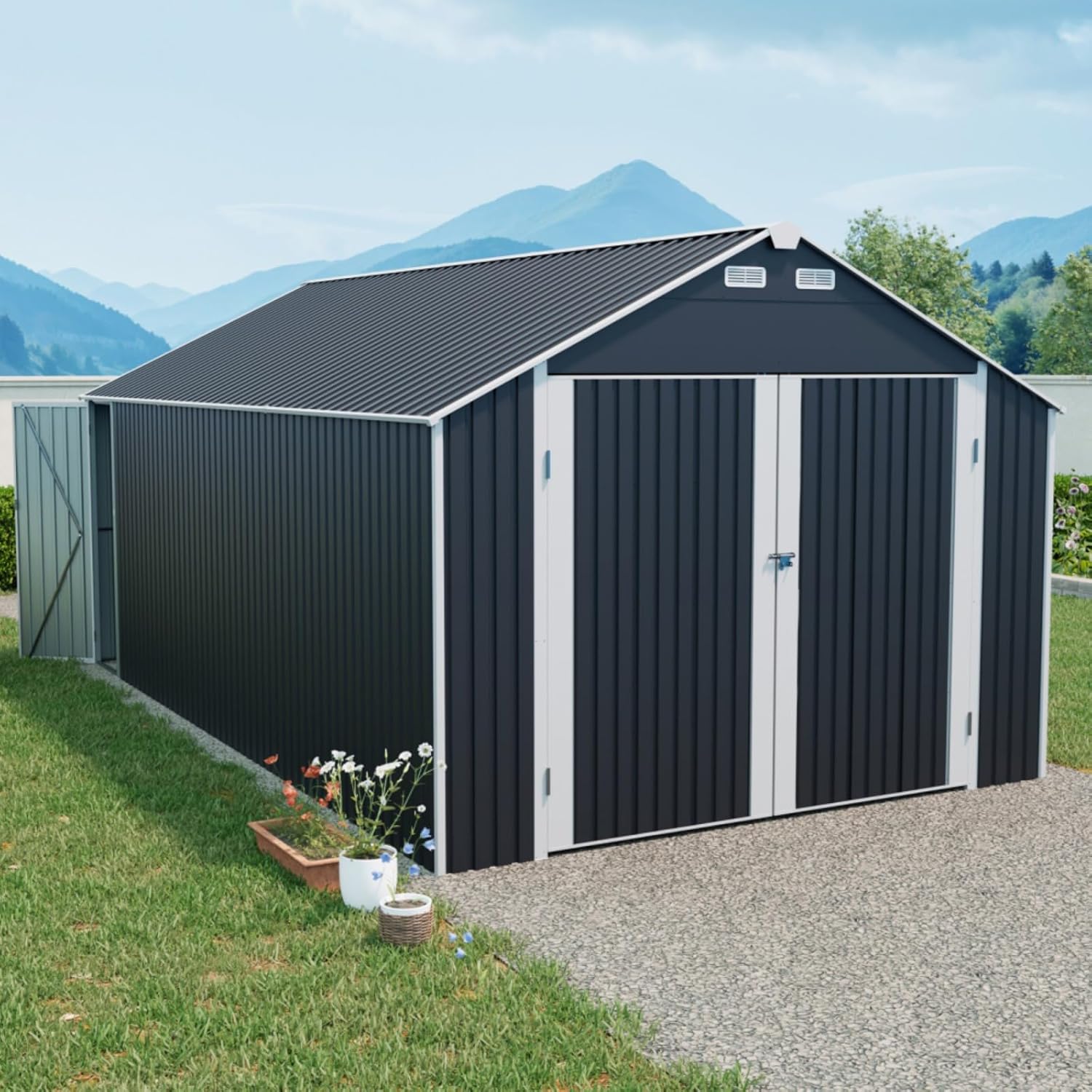 12×20 FT Outdoor Metal Storage Shed for Backyard & Garden Tools, Large Space Garage Shed for Car, Bike, Lawnmower, Tool House Building with 2 Doors and 4 Vents, Black