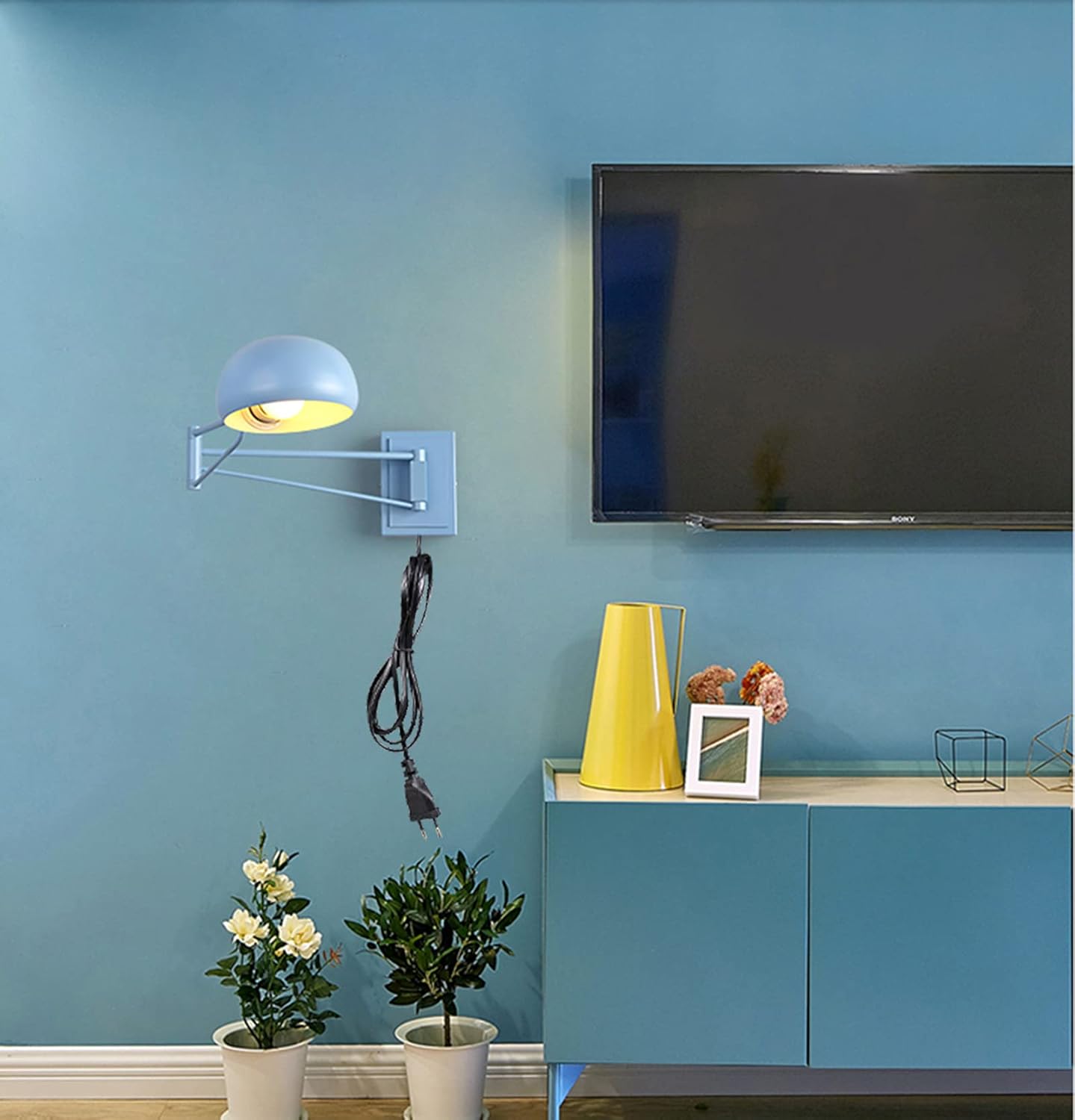 Wall Light Sconces Industrial Wall Lamp Long Arm with Switch Foldable Reading Rustic with 2 Swing Arm, Adjustable Bedside Wall Retro with Metal Lampshade Simple E27,Blue