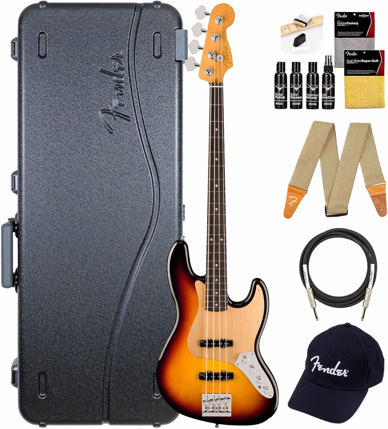 Fender American Ultra II Jazz Bass - Ultraburst Bundle with Case, Strap, Cable, Hat, and Guitar Cleaning Kit