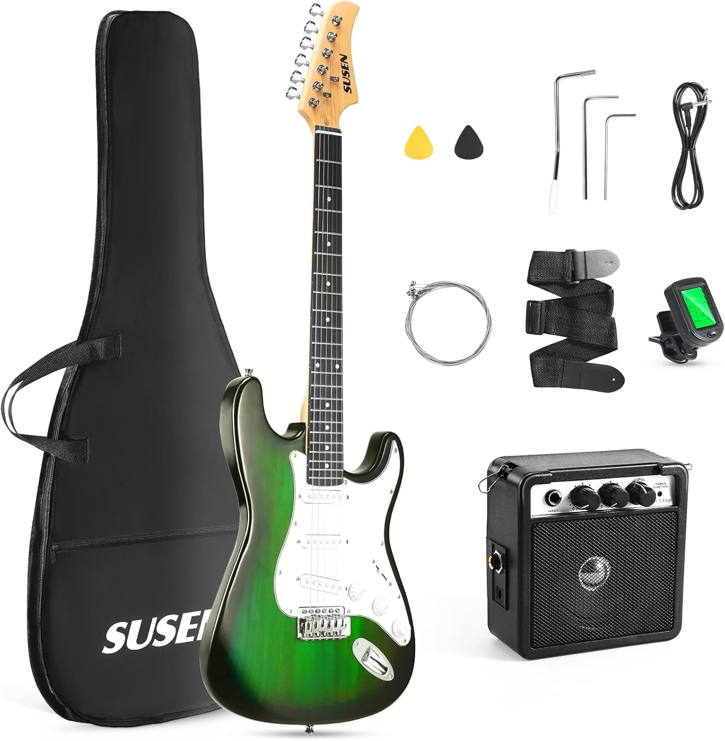 Electric Guitar, 39 Inch Solid Full-size Electric Guitar S-S-S Pickups Starter Kit Includes Amplifier, Bag, Digital Tuner, Strap, String, Cable, Picks，Mini AMP（Green (Green)