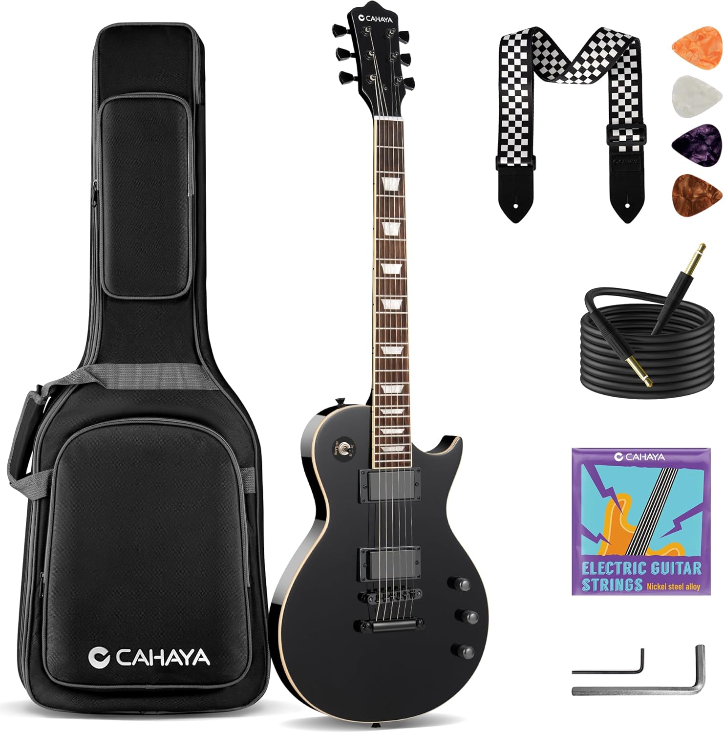 CAHAYA Electric Guitar Kit 39 In - Full Size LP Beginner Electric Sett with Solid Okoume Body 2 Humbucker Pickups, Maple Neck, Gig Bag, Strap, Cable for Adults Teen Black