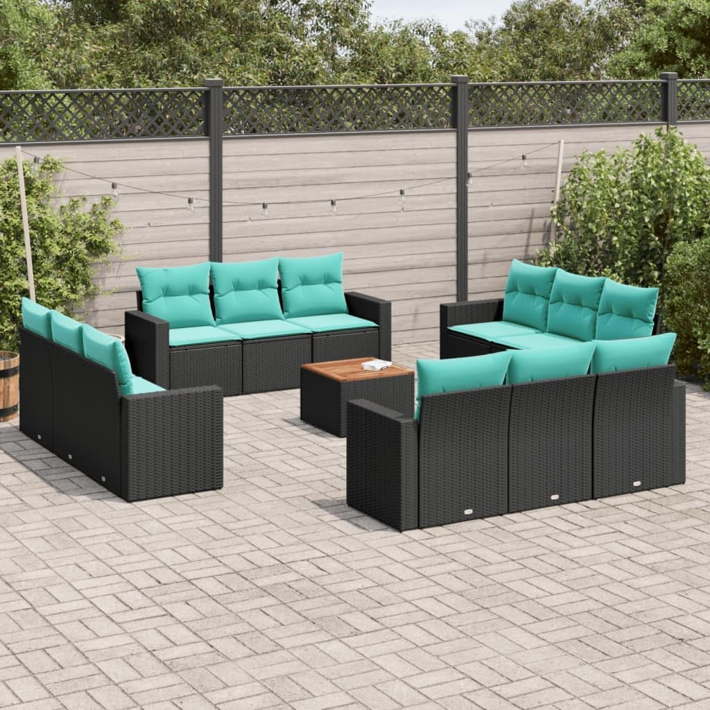 13 Piece Patio Sofa Set with Cushions, Black Poly Rattan Outdoor Furniture, Modular Garden Conversation Seating for Backyard, Terrace, Balcony