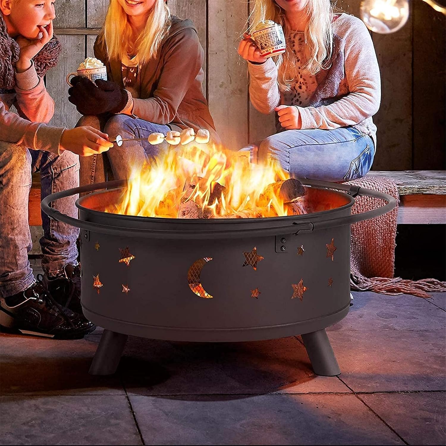 Fire Pit Outdoor Wood Burning Pits for Outdoor d Patio Bonfire Campfire Grill Grate Mesh Spark Screen Poker Waterproof Cover Included