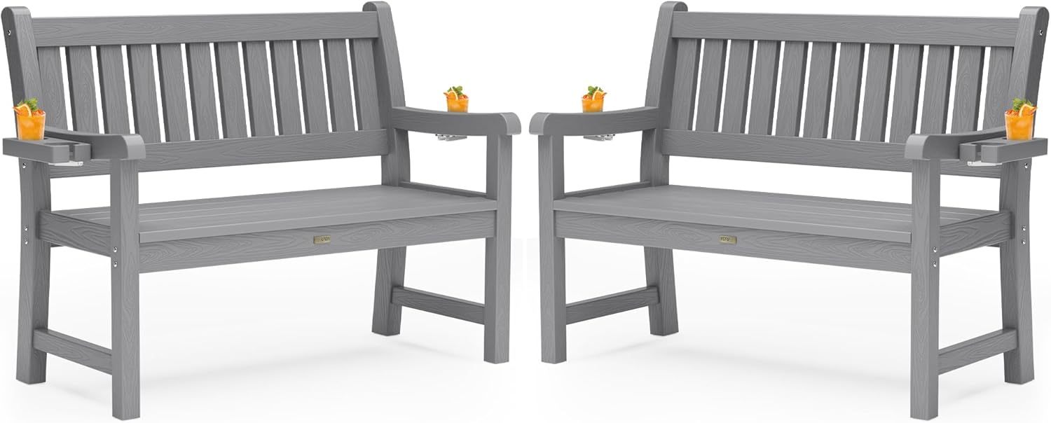 YEFU Outdoor Bench for Patio Waterproof: Heavy Duty 2-Person Garden Bench Set of 2 with 2 Cup Holders & Oversized Seating - HIPS Weatherproof Patio Benches for Front Porch Backyard Park, Grey