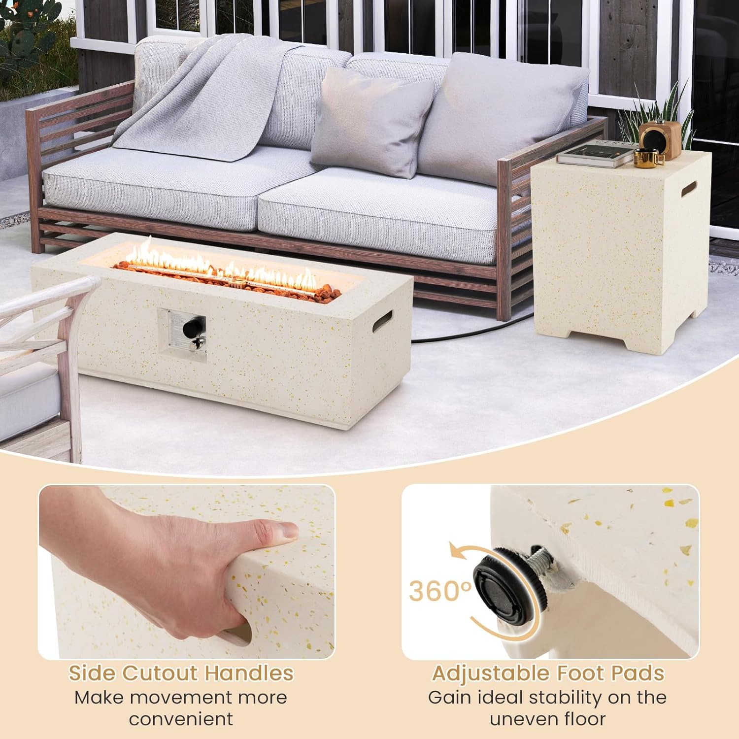 Tangkula 50,000 BTU Propane Fire Pit Table Set, 42” Terrazzo Fire Pit Table with Hideaway Tank Holder, Stainless Steel Burner, Protective Cover, Lava Rocks, Fit 20 lbs Tank