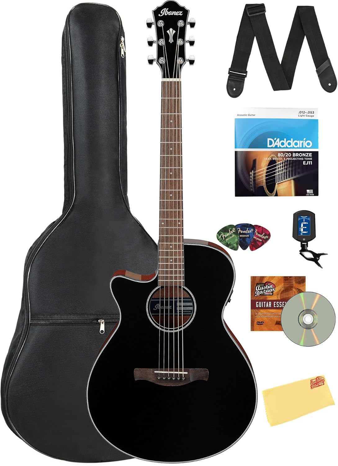 Ibanez AEG50L Left-Handed Acoustic-Electric Guitar - Black High Gloss Bundle with Gig Bag, Tuner, Strap, D'Addario Strings, Picks, Austin Bazaar Instructional DVD, and Polishing Cloth