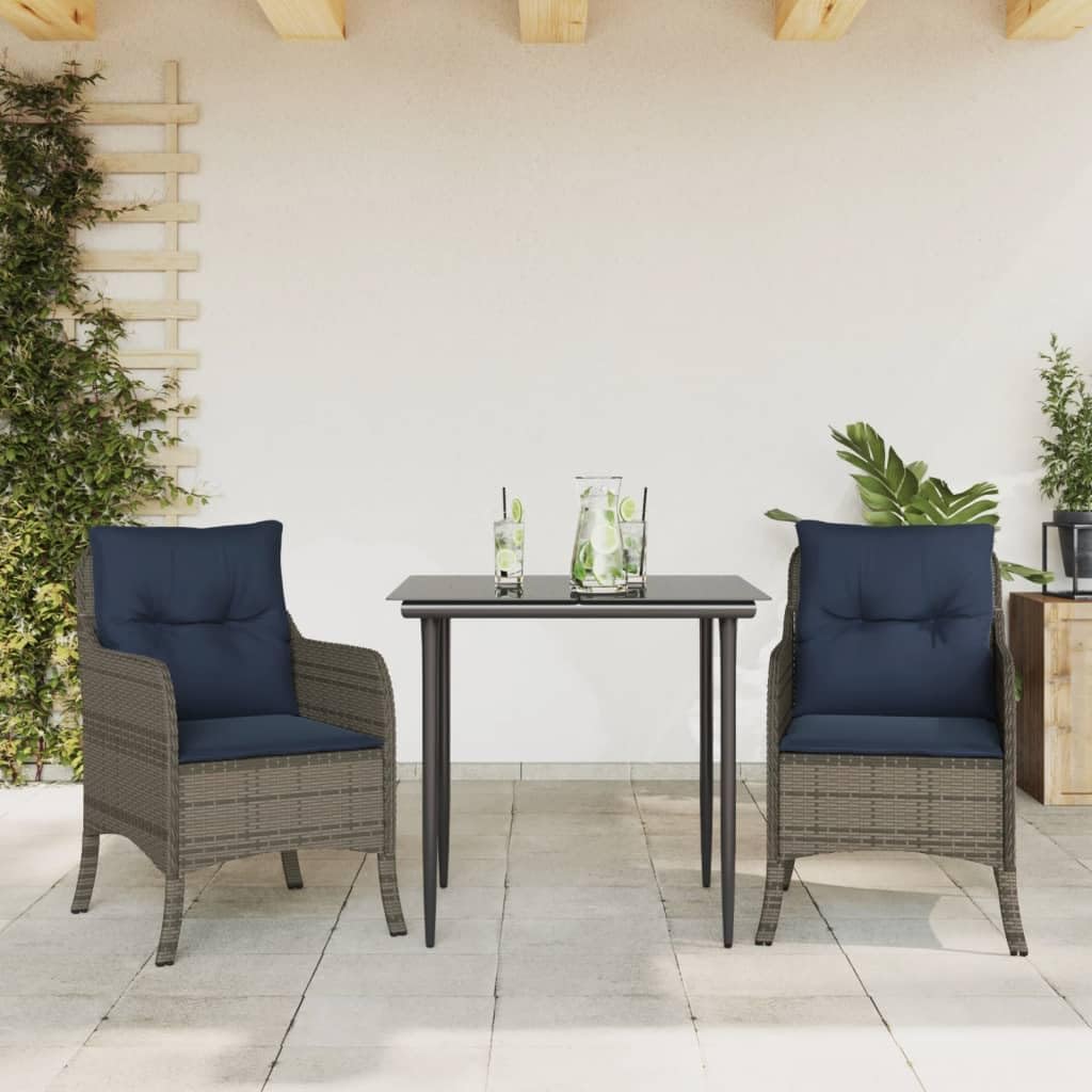 3 Piece Patio Dining Set with Cushions Gray Poly Rattan,PE Rattan Outdoor Dining Set: Durable, Comfortable, and Stylish for Alfresco Dining Furniture Sets for Patio, Lawn & Garden