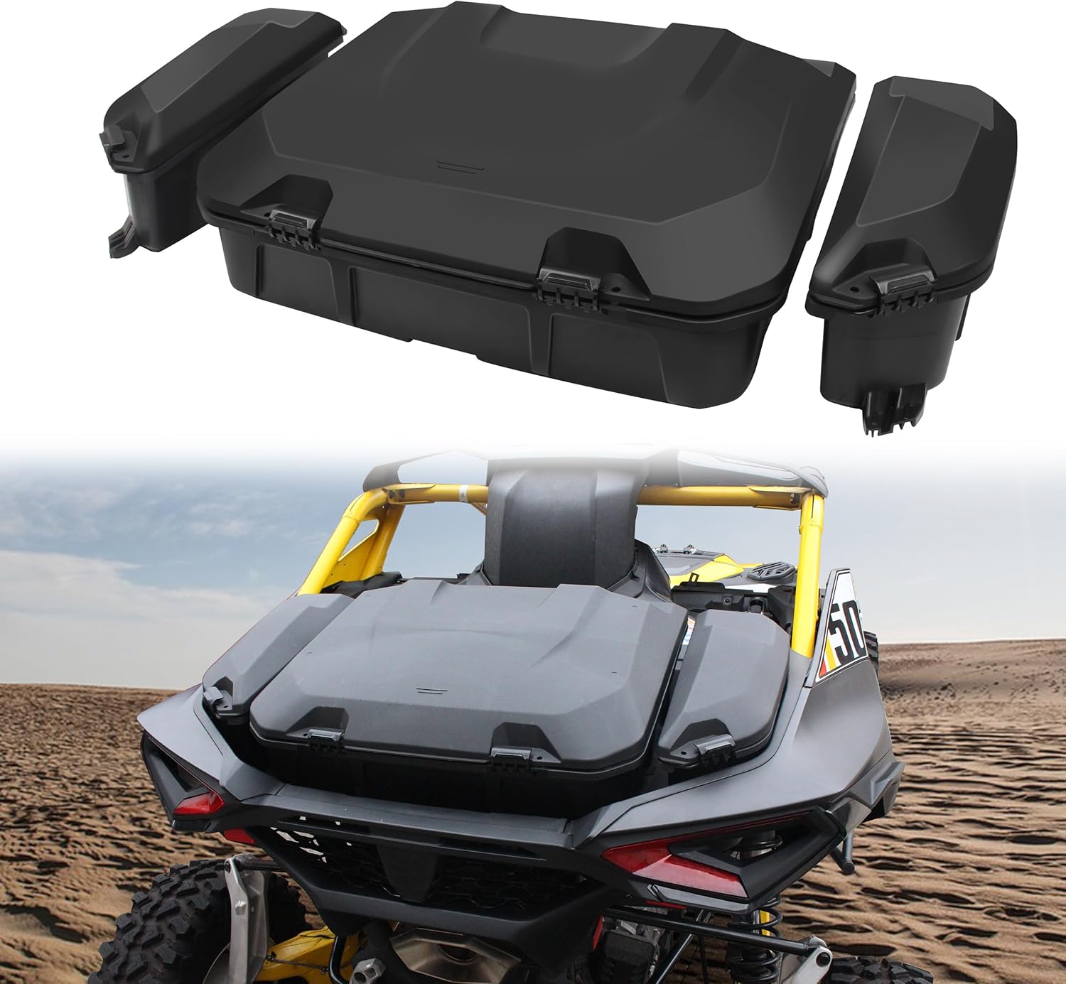 Rear 96L Storage Cargo Box & 13.5L Side Cargo Storage Boxes Compatible with Can-Am Maverick R X RS 2024+ Accessories Replace #715007182 715007372 Water Resistant Large Capacity Tool Box(3PCS)