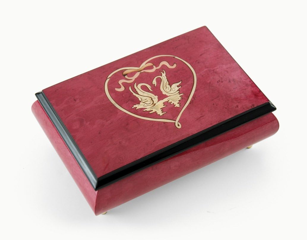 Romantic Red - Wine Swans in Heart Outline Sorrento Inlaid Music Box - Many Songs to Choose - Deck The Halls