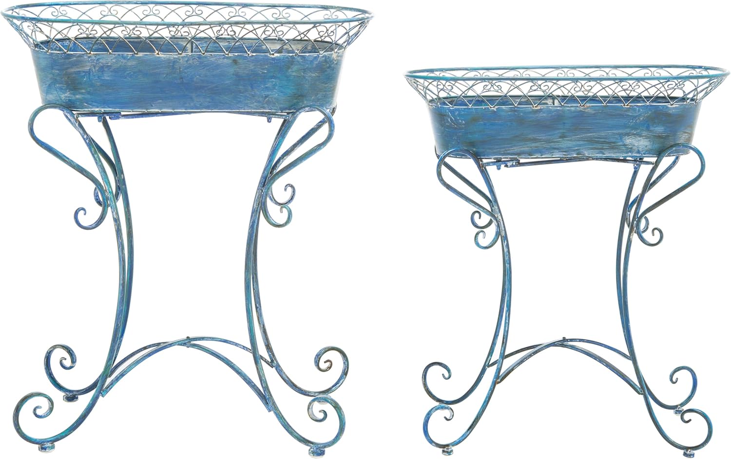 SAFAVIEH Outdoor Collection Hendrick Antique Blue Victorian Scroll Iron Patio Garden Planter (Set of 2)