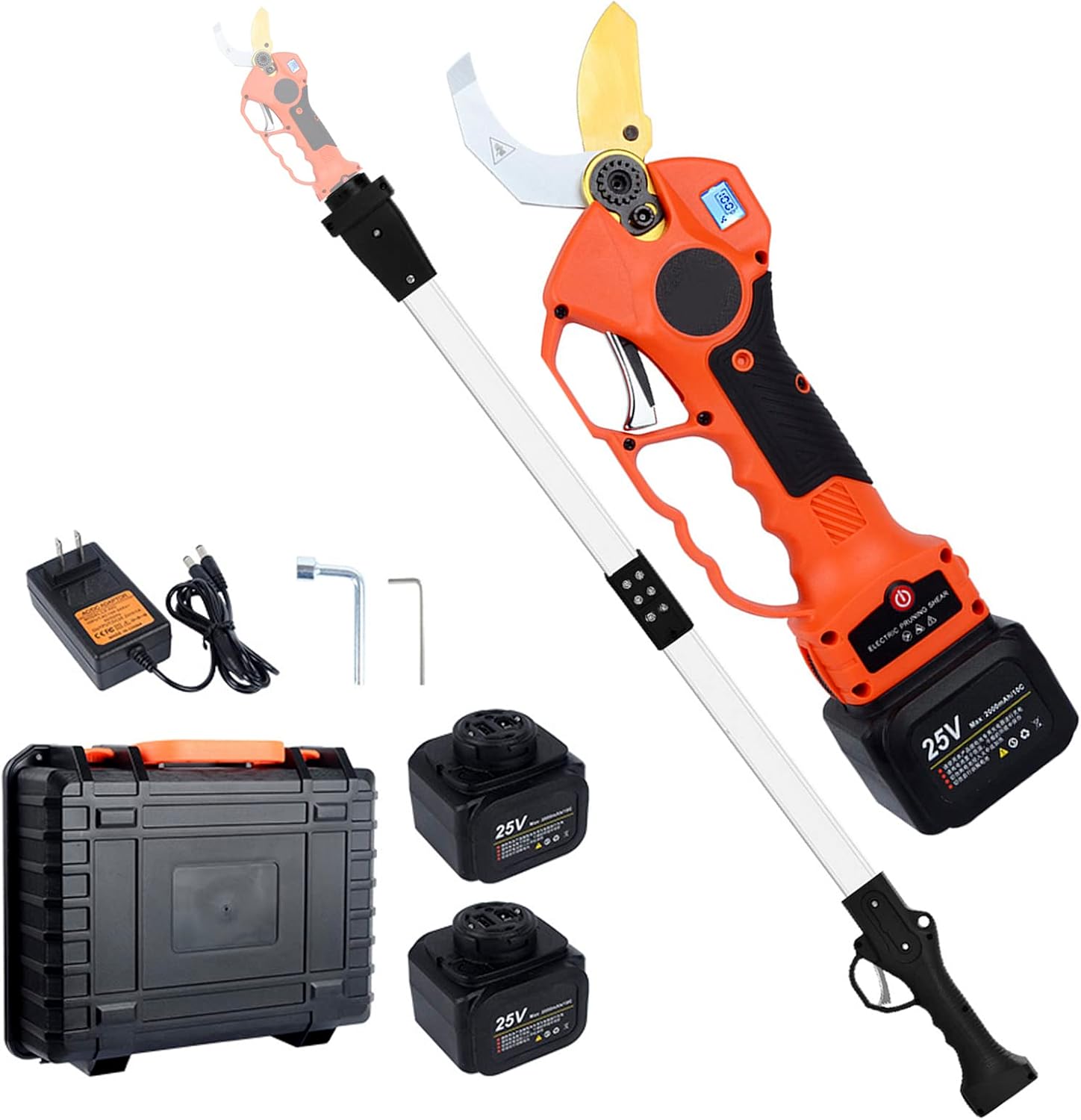 Electric Pruning Shears 40mm Cordless Electric Pruner with 150cm/59in Extension Pole, Professional Tree Branch Trimmer Battery Powered with LCD Screen, 2 PCS 25V Rechargeable Batteries
